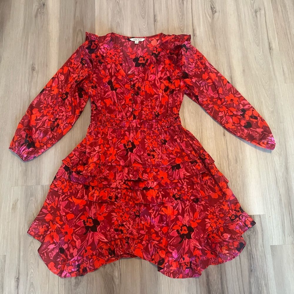 Red Pink Floral Ruffle Midi Dress